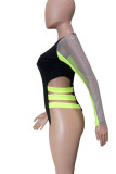 Black Sportswear Hollow Out Zipper Patchwork Swimwears