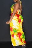 Orange Sexy Casual Print Bandage Backless Halter Long Dresses