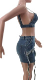 Blue Street Solid Color Backless Zipper Patchwork Tassel V Neck Sleeveless Two Pieces