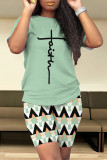 Rose Red Casual Leopard Print Letter Print Patchwork O Neck Short Sleeve Two Pieces