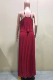 Burgundy Celebrities Solid Color Backless Pleated Patchwork Halter Sleeveless Two Pieces