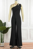 Blue Casual Solid Color Backless Oblique Collar Regular Jumpsuits