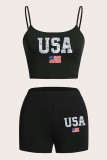 Black Street American Flag Letter Print Backless Patchwork Spaghetti Strap Sleeveless Two Pieces