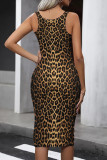 Red Sexy Leopard Print Patchwork U Neck Wrapped Skirt Dresses