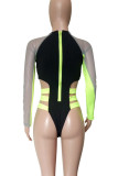 Black Sportswear Hollow Out Zipper Patchwork Swimwears