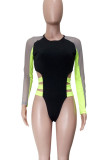 Black Sportswear Hollow Out Zipper Patchwork Swimwears