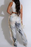 Blue Street Print Buttons Zipper Patchwork Tassel Loose High Waist Wide Leg Full Print Bottoms