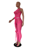 Black Sexy Solid Bandage Mesh V Neck Sleeveless Two Pieces