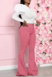 Rose Red Casual Solid Color Basic O Neck Long Sleeve Two Pieces