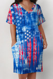 Blue Casual The stars American Flag Heart Shaped Print Pocket V Neck Printed Plus Size Dresses