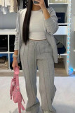 Grey Casual Solid Color Draw String Pocket Patchwork Straight Mid Waist Straight Patchwork Bottoms