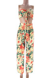 Rose Red Casual Floral Print Backless Patchwork Belted Strapless Sleeveless Two Pieces