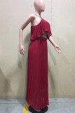Burgundy Celebrities Solid Color Backless Pleated Patchwork Halter Sleeveless Two Pieces