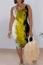 Yellow Casual Gradient Print Contrast V Neck Printed Dresses