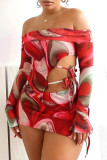 Red Sexy Print Bandage Hollow Out Slit Patchwork Off Shoulder Long Sleeve Two Pieces