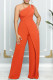 Orange Casual Solid Color Backless Oblique Collar Regular Jumpsuits