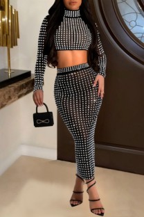 Black Sexy Hot Drilling Patchwork See-through Slit Turtleneck Long Sleeve Two Pieces