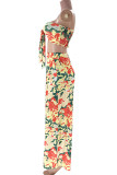 Rose Red Casual Floral Print Backless Patchwork Belted Strapless Sleeveless Two Pieces