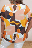 Pink Casual Print Hollow Out Pearl O Neck Plus Size Tops