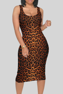 Orange Sexy Leopard Print Patchwork U Neck Wrapped Skirt Dresses