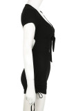 Black Sexy Solid Color Hollow Out Backless Patchwork Belted V Neck Skinny Rompers