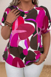 Pink Casual Print Hollow Out Pearl O Neck Plus Size Tops