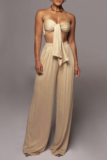 Apricot Casual Solid Color Patchwork Belted Strapless Sleeveless Two Pieces