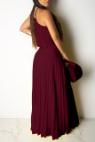 Burgundy Celebrities Solid Color Backless Pleated Patchwork Halter Sleeveless Two Pieces