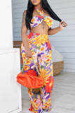 Rose Red Casual Floral Print Backless Patchwork Belted Strapless Sleeveless Two Pieces