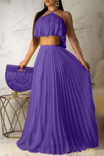 Purple Celebrities Solid Color Backless Pleated Patchwork Halter Sleeveless Two Pieces