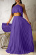 Purple Celebrities Solid Color Backless Pleated Patchwork Halter Sleeveless Two Pieces