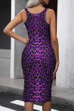 Red Sexy Leopard Print Patchwork U Neck Wrapped Skirt Dresses