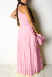 Burgundy Celebrities Solid Color Backless Pleated Patchwork Halter Sleeveless Two Pieces