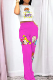 Rose Red Casual Cartoon Print Pocket Patchwork O Neck Short Sleeve Two Pieces