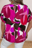 Pink Casual Print Hollow Out Pearl O Neck Plus Size Tops