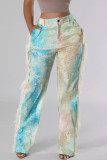 Blue Street Print Buttons Zipper Patchwork Tassel Loose High Waist Wide Leg Full Print Bottoms