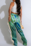 Blue Street Print Buttons Zipper Patchwork Tassel Loose High Waist Wide Leg Full Print Bottoms