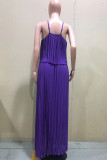 Burgundy Celebrities Solid Color Backless Pleated Patchwork Halter Sleeveless Two Pieces