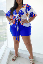 Deep Blue Casual Floral Print Bandage Patchwork V Neck Plus Size Two Pieces