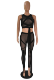 Black Sexy Solid Bandage Mesh V Neck Sleeveless Two Pieces