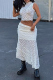 White Celebrities Plaid Lace Patchwork Irregular Hem O Neck Sleeveless Two Pieces