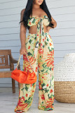 Rose Red Casual Floral Print Backless Patchwork Belted Strapless Sleeveless Two Pieces