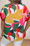 Pink Casual Print Hollow Out Pearl O Neck Plus Size Tops