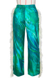 Blue Street Print Buttons Zipper Patchwork Tassel Loose High Waist Wide Leg Full Print Bottoms