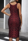 Red Sexy Leopard Print Patchwork U Neck Wrapped Skirt Dresses