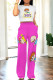 Rose Red Casual Cartoon Print Pocket Patchwork O Neck Short Sleeve Two Pieces