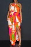 Orange Sexy Casual Print Bandage Backless Halter Long Dresses
