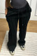 Black Casual Solid Color Draw String Pocket Patchwork Straight Mid Waist Straight Patchwork Bottoms