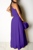 Burgundy Celebrities Solid Color Backless Pleated Patchwork Halter Sleeveless Two Pieces