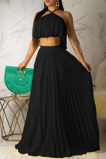 Black Celebrities Solid Color Backless Pleated Patchwork Halter Sleeveless Two Pieces